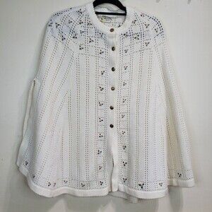 Sweater Bee White Embroidered Poncho Cape 1960s Knit Pointelle Sweater Shawl